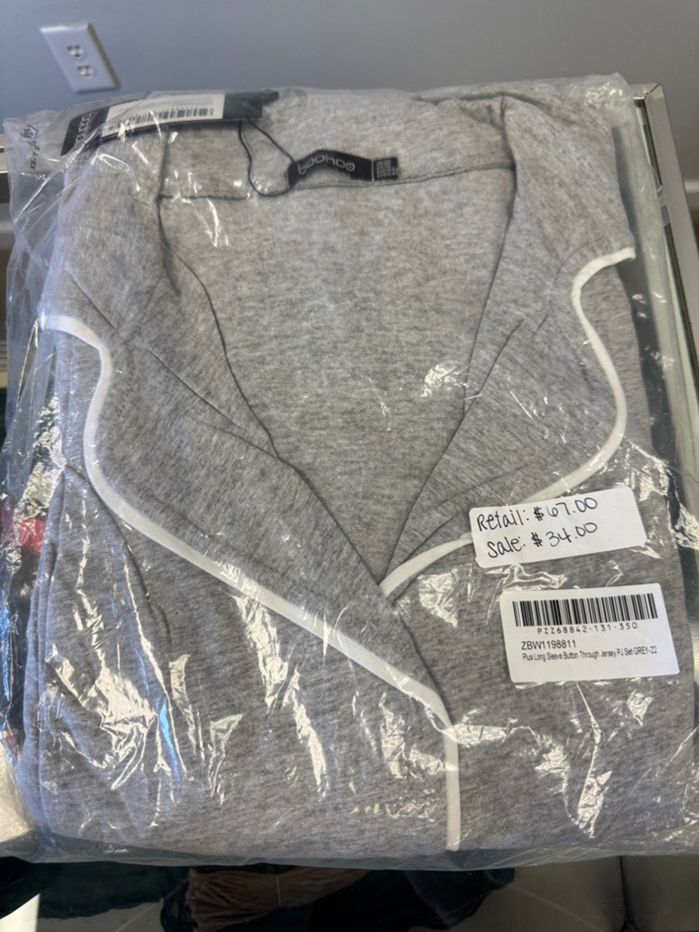 Boohoo Plus Grey Pajama Set L/S Top and Pants with White Trim